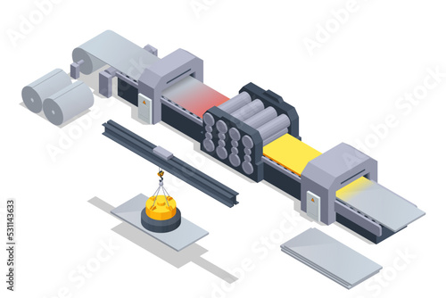 Worker controlling metal melting in furnaces. Isometric industrial steel production and metallurgy. Hot steel pouring in steel plant