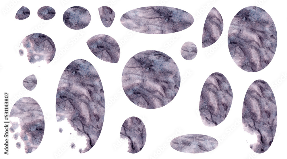 Abstract purple watercolor background with spots, splashes, stripes, waves, gradient in the form of circles and ovals like gems. One color with tone change. Elements isolated on white background. Abstract purple watercolor background with spots, splashes, stripes, waves, gradient in the form of circles and ovals like gems. One color with tone change. Elements isolated on white background.
