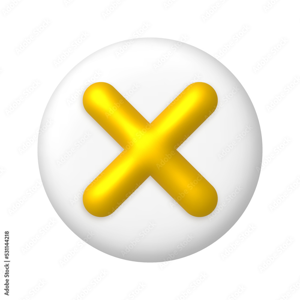 Obraz premium Golden cancel cross mark icon on round white button. 3d realistic design element.