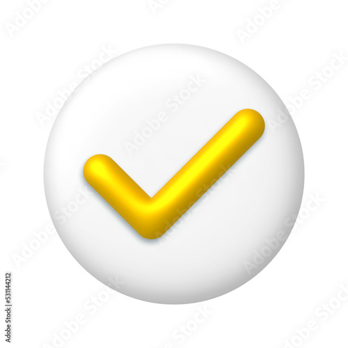 Golden check mark icon on white round button. 3d realistic design element.