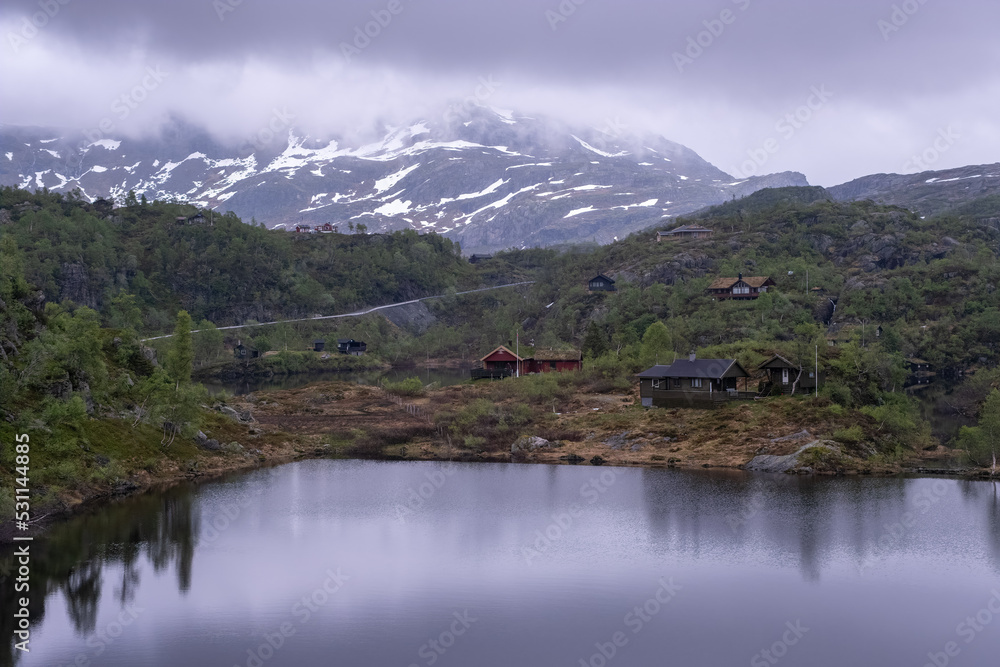 Wonderful landscapes in Norway. Vestland. Beautiful scenery of houses with grass roof. Norwegian traditional architecture Mountains, trees and snow in background. Cloudy day. Selective focus