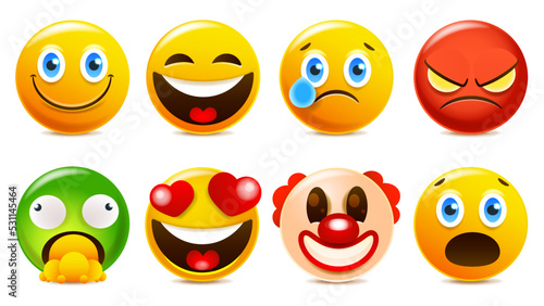 Emoji and emoticon faces vector set. Emojis or emoticons with crazy, surprise, funny, laughing, and scary expressions for design elements isolated in white background.