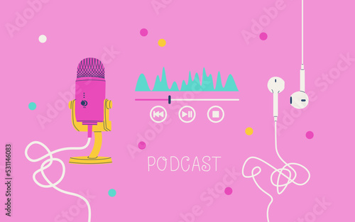 Cool purple cover or banner for a podcast channel. Studio microphone, audio player equalizer and wired headphones. Vector EPS 10.