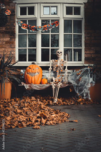 Halloween skeleton jack o lantern fall pumpkins candy corn and autumn leaves