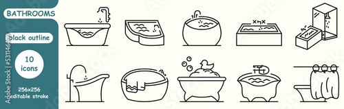 set of linear icons "bathrooms". black outline. icon set: corner bathtub, corner bathtub, duck and foam bathtub and others. browser icons.
