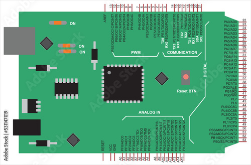 Vector model of Genuino printed 
circuit board with electronic components operating under the control
of a microcontroller.