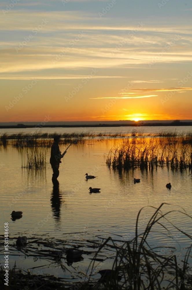 A silhouetted waterfowl hunter at sunset