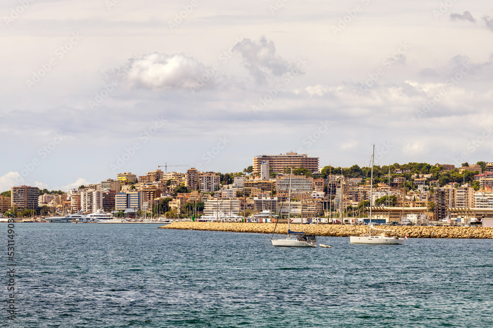 Cityscape with harbour in Palma de Mallorca, Spain.