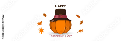 Orange pumpkin in a hat with autumn leaves. Thanksgiving day.