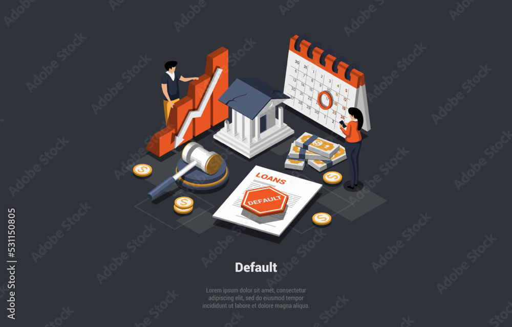 Concept Of Default, Unemployment, Debts, Bankruptcy, Unpaid Loan and Financial Crisis. People Loss of Money Savings, Loss Job, Try To Control The Situation. Isometric Cartoon 3D Vector illustration Concept Of Default, Unemployment, Debts, Bankruptcy, Unpaid Loan and Financial Crisis. People Loss of Money Savings, Loss Job, Try To Control The Situation. Isometric Cartoon 3D Vector illustration