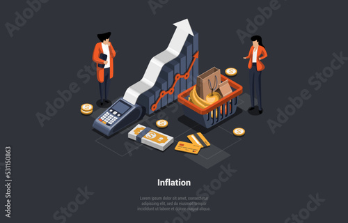 Concept Of Inflation, Default, Unemployment, Bankruptcy, Unpaid Loan and Financial Crisis. Shocked Stressed People From Price Increase For Goods And Services. Isometric Cartoon 3D Vector illustration