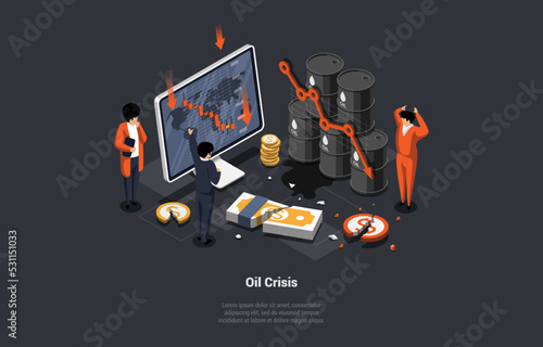 Concept Of Oil Crisis, Oil Embargo, Default, Economy Crisis And Bankruptcy. Petroleum Production and Trade Oil Industry, Downward Chart Arrow Falling Price. Isometric Cartoon 3D Vector illustration