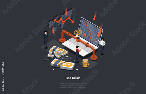 Concept Of Natural Gas Crisis, Oil Embargo, Default, Economy Crisis And Bankruptcy. Restrictions on Natural Gas Supplies, Downward Chart Arrow Falling Price. Isometric Cartoon 3D Vector illustration