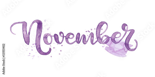 November month of the year in watercolor with splash letters and brush lettering. A beautiful lettering design of the word January to use in a calendar, journal, bullet point, annual report, or planne