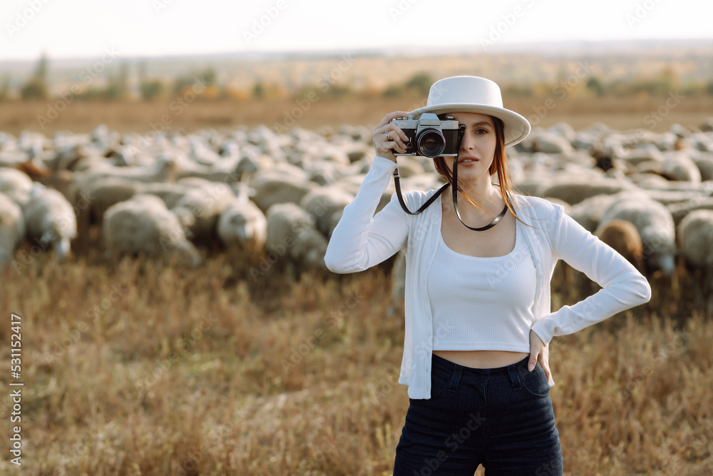 Young woman with a camera in front of a herd of sheep.  Fashion, style concept. People, lifestyle, relaxation and vacations concept.