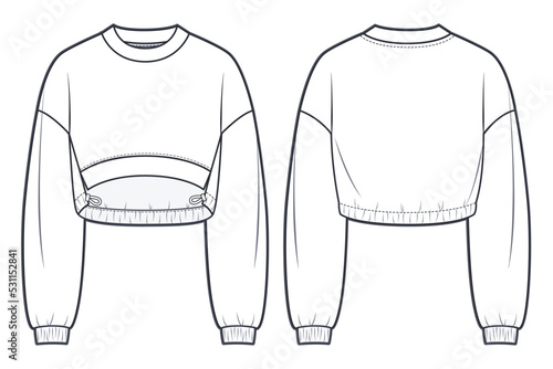 Unisex Cropped Sweatshirt fashion flat technical drawing template. Oversize Sweatshirt technical fashion Illustration, front and back view, white color, women, men, unisex CAD mockup.