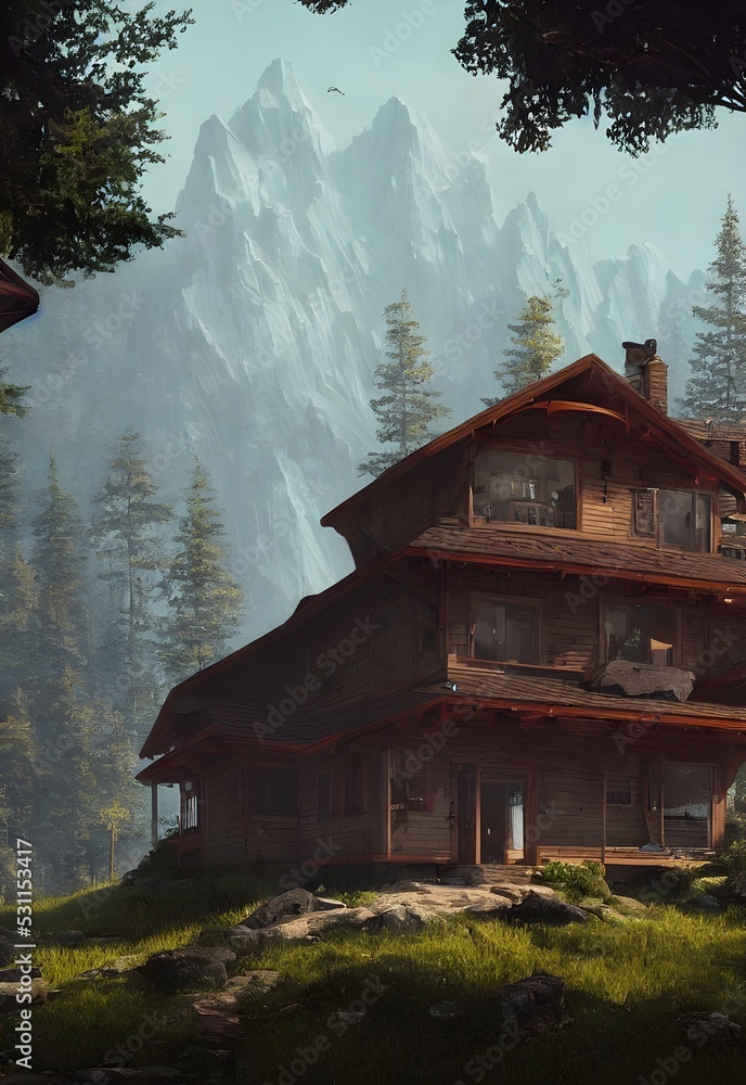 Fototapeta premium Nice wooden house on the mountain, magnificent scenery. cute house illustration
