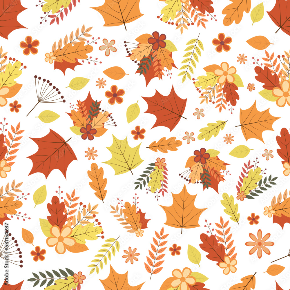 Autumn seamless pattern. Colorful leaves, flowers, and berries. Fall vector background. Perfect for wrapping paper, fabric, etc