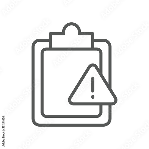 Clipboard with exclamation point Important document sign, caution file, urgent task. Assignment late Silhouette symbol. File, task, warning icon Vector illustration filled outline style EPS10