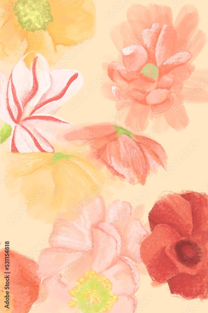 Flowers in the air, Pink Yellow and Red. Watercolor flower illustration. 