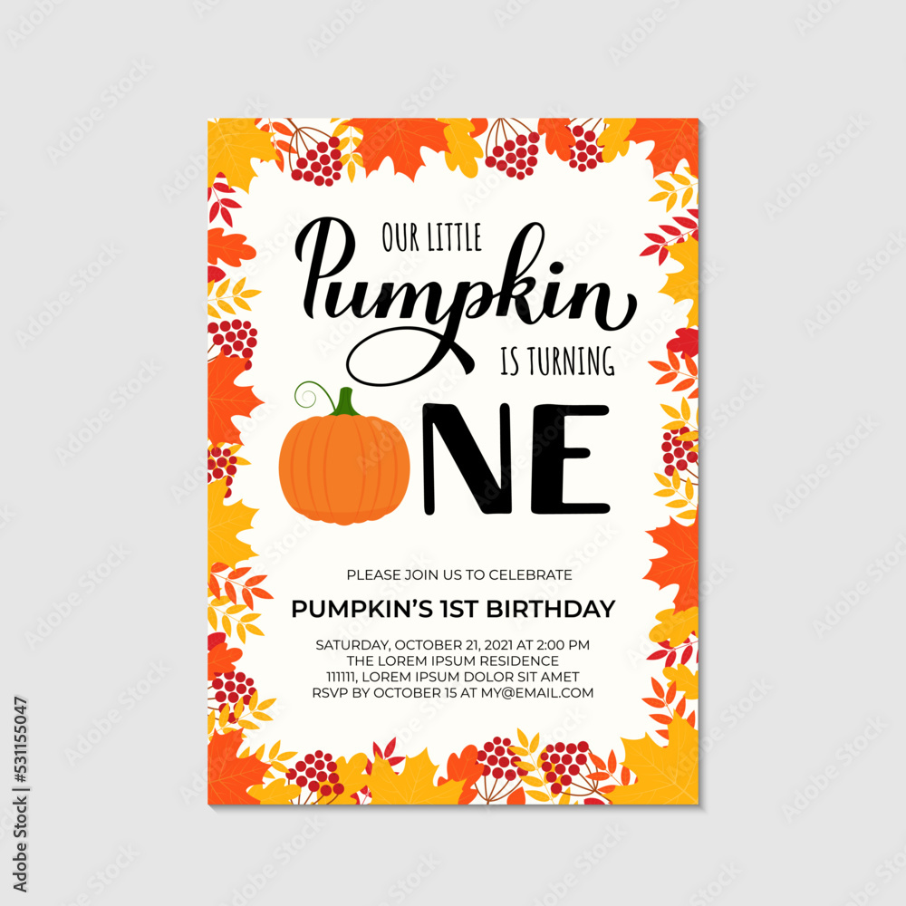 Little Pumpkin is turning one. Baby first birthday invitation card. Autumn birthday party ...
