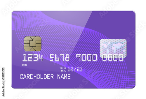 Highly detailed realistic purple glossy credit card. Front side mockup. Graphic design element for shopping advertisement, web shop payment method photo