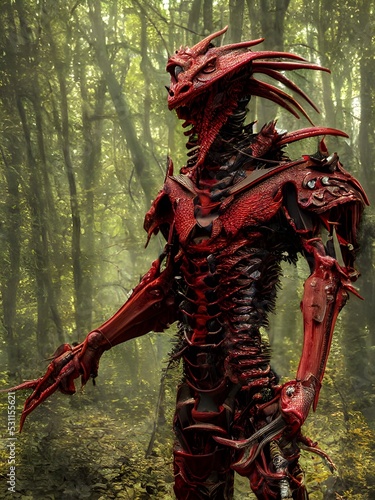 Fantasy character. Red steel dragon monster, gothic style. Forest. Demon. 3d render