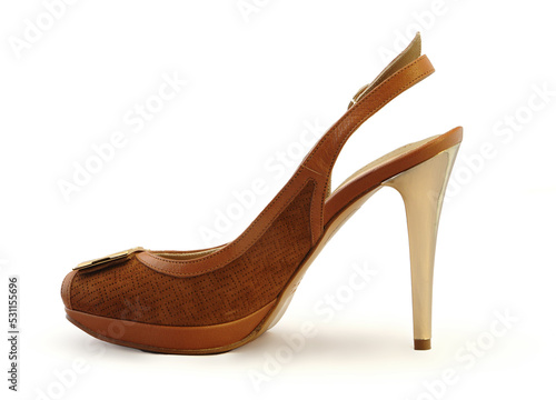 Profile of a brown high heel women shoe on white background.