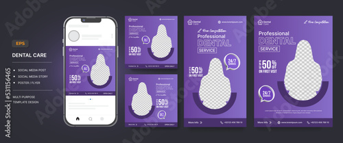 Dental care social media post, story and poster flyer design template with handphone mockup vector
