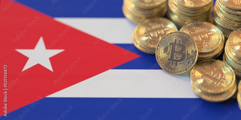 Many bitcoins and national flag of Cuba, cryptocurrency laws related conceptual 3d rendering
