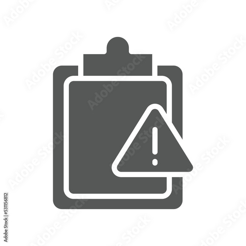 Clipboard with exclamation point Important document sign, caution file, urgent task. Assignment late Silhouette symbol. File, task, warning icon Vector illustration filled outline style EPS10