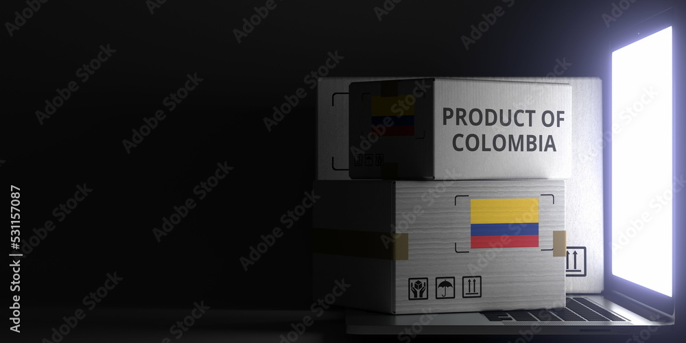 Cartons with PRODUCT OF COLOMBIA text and flag on the laptop, black background. 3D rendering Cartons with PRODUCT OF COLOMBIA text and flag on the laptop, black background. 3D rendering