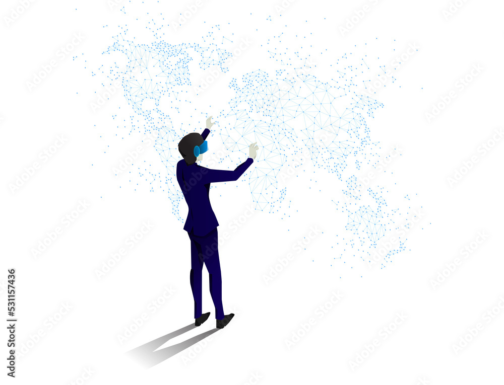 Silhouette businessman wear VR glasses with 3D world map. Concept of digital virtual reality technology and AR . Silhouette businessman wear VR glasses with 3D world map. Concept of digital virtual reality technology and AR .