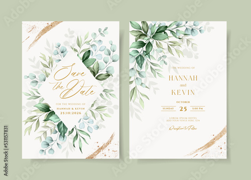 Beautiful wedding invitation template set with greenery decoration