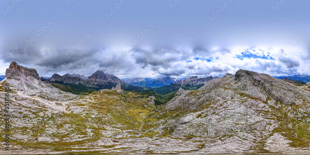 360 degree panoramic view of the mountain landscape in the alps, Mount Averau, Dolomites, Italy