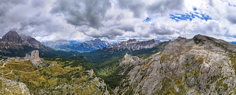 Aerial view of the impressive rock formation in Dolomites, Italy
