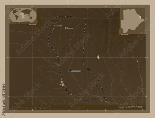 North-East, Botswana. Sepia. Labelled points of cities photo