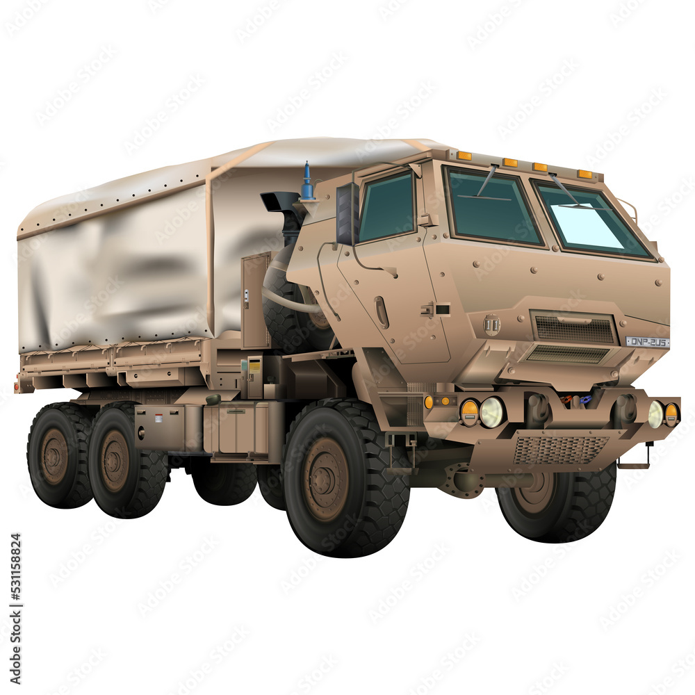 Army truck. Trailer covers. M142 HIMARS in realistic style. Tactical military vehicle.