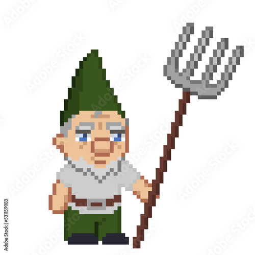 An 8-bit retro-styled pixel-art illustration of a green garden gnome holding a pitchfork.