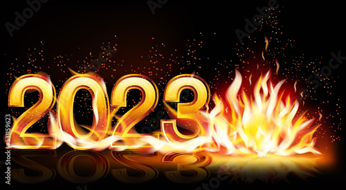 Happy 2023 new year fire banner, vector illustration