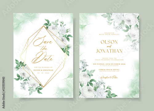 Floral wedding invitation template set with white floral and leaves decoration.