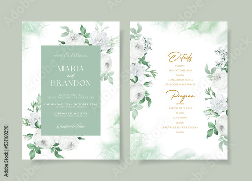 Floral wedding invitation template set with white floral and leaves decoration.