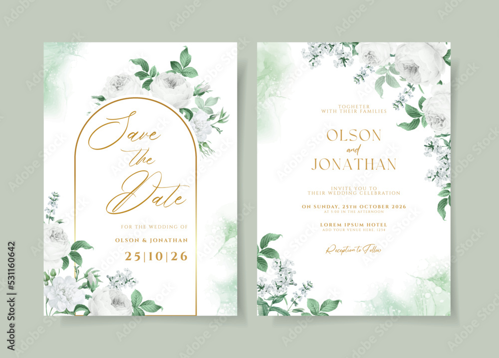 Floral wedding invitation template set with white floral and leaves decoration.