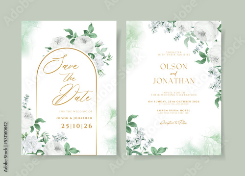 Floral wedding invitation template set with white floral and leaves decoration.