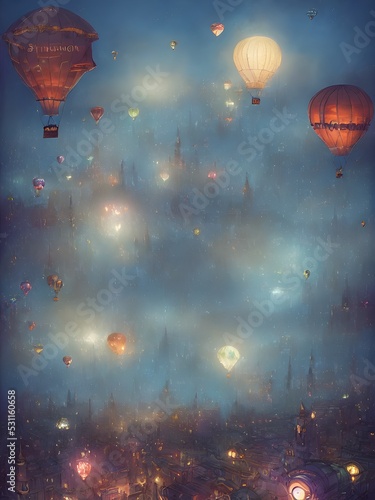 a beautiful stunning fantasy whimsical digital illustration of a hot air balloon race over a city at night