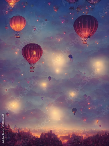 a beautiful stunning fantasy whimsical digital illustration of a hot air balloon race over a city at night