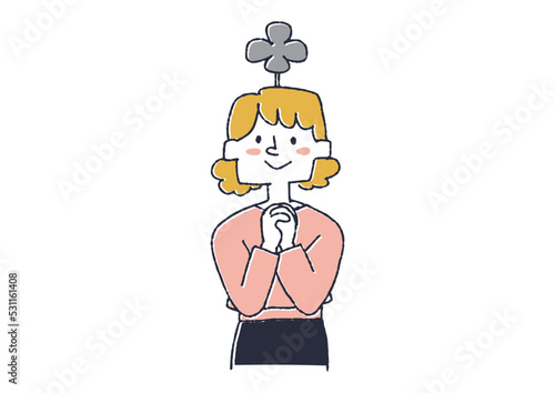 幸運を願っている女性　人の思考や感情を頭の上で天気やマークで表したイラスト