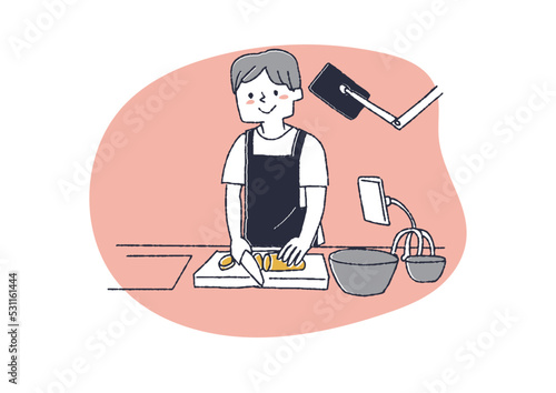 料理の様子を撮影する男性　さまざまなスタイルで活動するYouTuberのイラスト