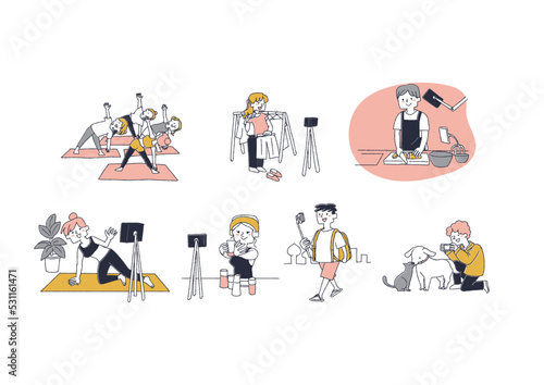 さまざまなスタイルで活動するYouTuberのイラスト　コミカルな手書きの人物　ベクター、線画にカラ