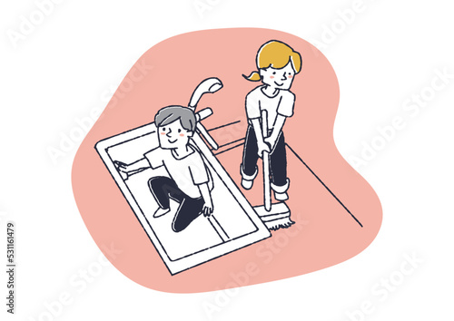 お風呂の掃除をしている夫婦　家族総出で大掃除をしている人々のイラスト　